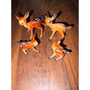 Vintage Anthropomorphic Fawn Deer Plastic Figurine Blue Eyes 4 Set mid century